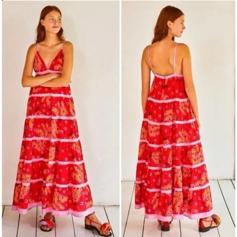 FARM RIO Red Tiki Bananas Maxi Tiered Dress - M